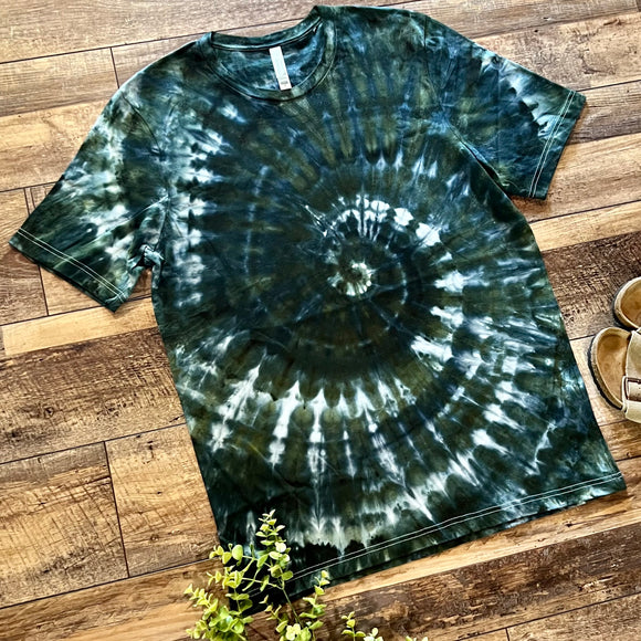 Hand Tie Dye Adult Unisex T-Shirt - Dark Green Swirl